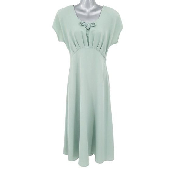 Vintage Dresses & Skirts - VTG 90s CDC Sage Green Short Sleeve Empire Waist Midi Dress Size 4 Pleated Roses